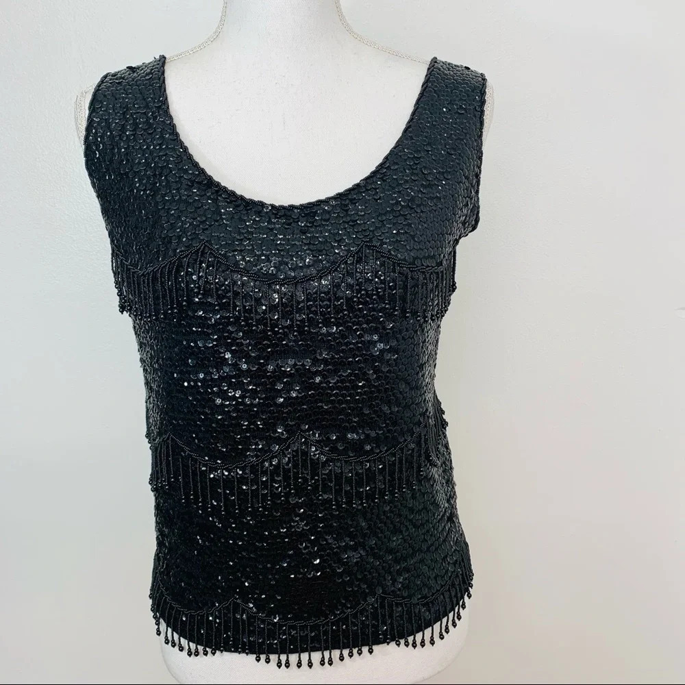 Vintage Hand Beaded Black Top Woman Size 34 Fringe Sparkle Whimsy Goth Boho Wool